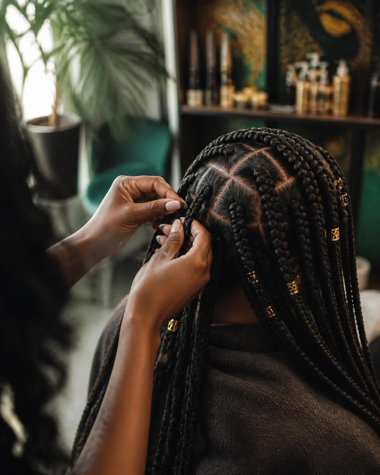 Braider sectioning knotless braids with gold cuffs in warm studio light