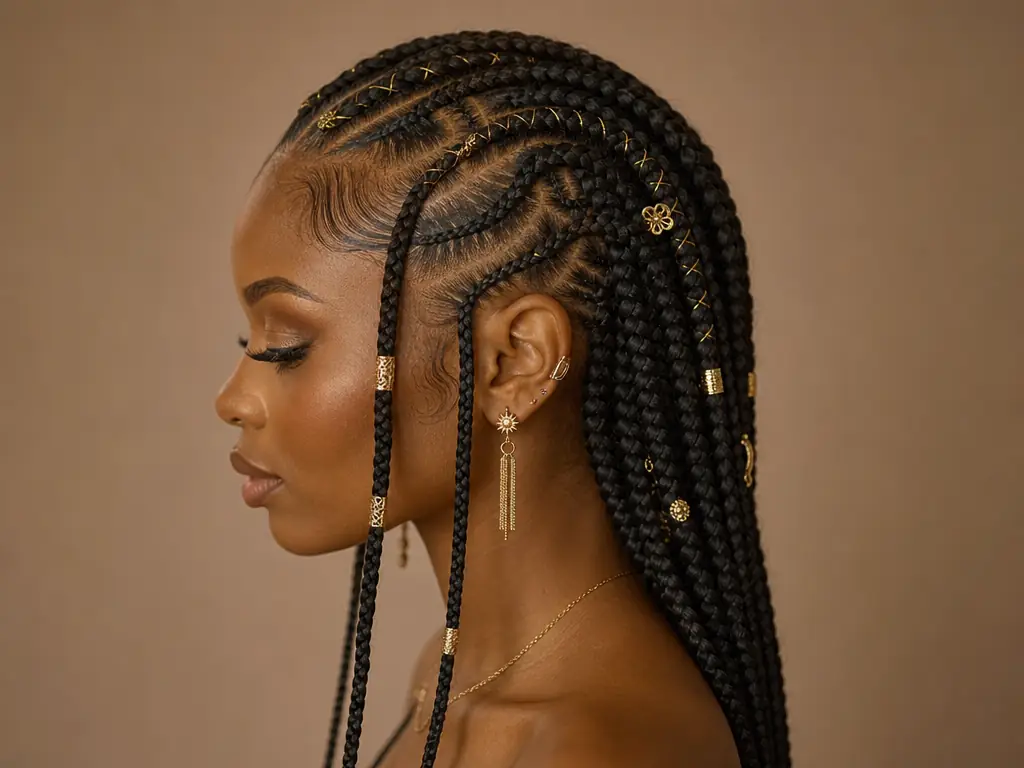 Side profile of Fulani braids with gold accessories