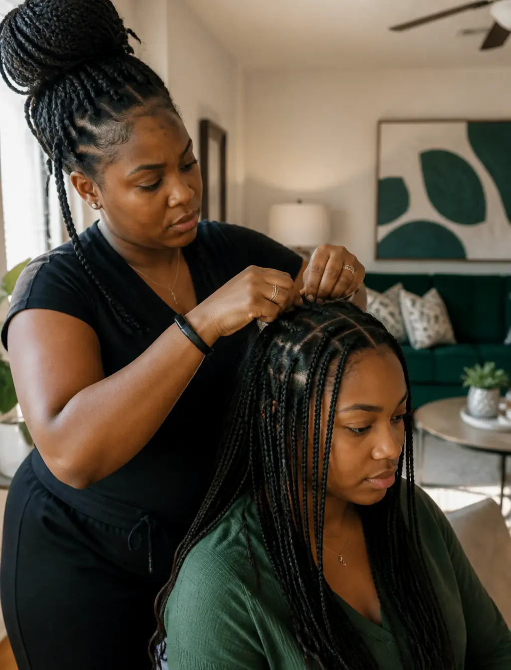 Braider installing neat knotless braids during an in-home appointment